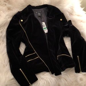 Black velvet like moto jacket w gold detail